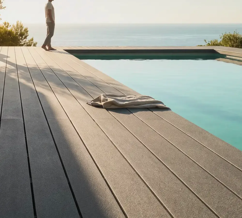 BAS Boards decking meeting the edge of a pool in low sun.
