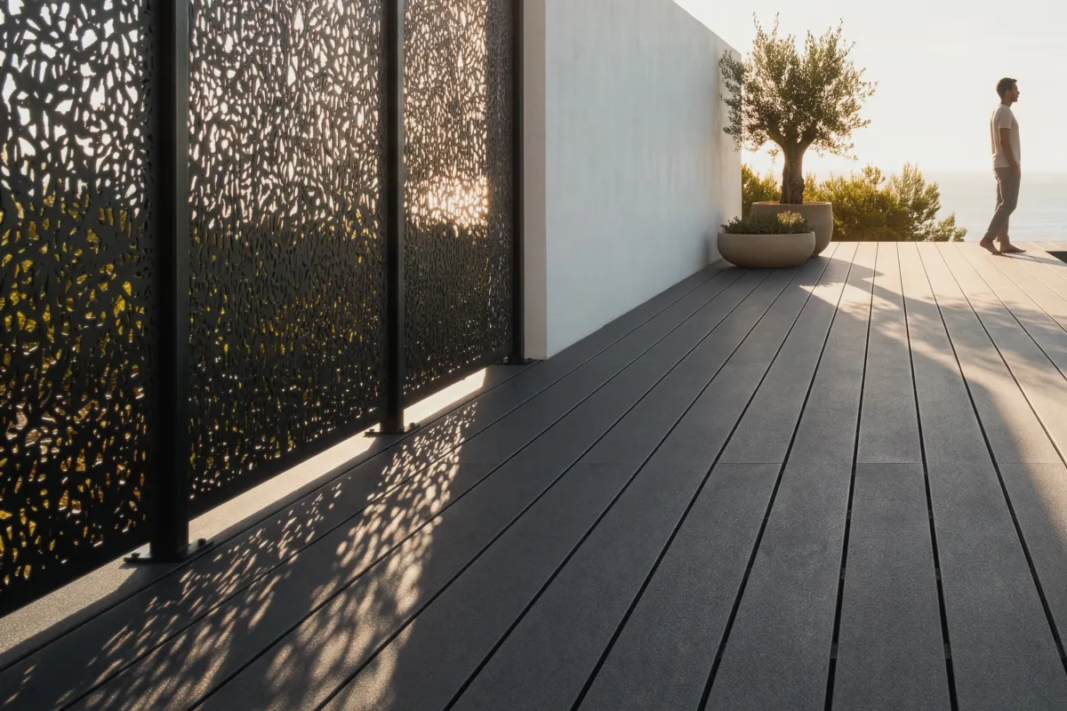 BAS Boards decking running past a row of BAS Panels privacy screens in low sun.