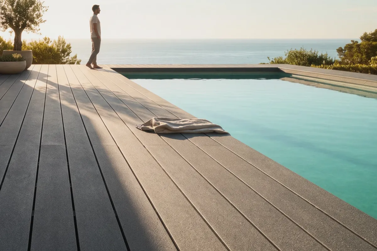 BAS Boards decking meeting the edge of a pool, with the sea beyond.